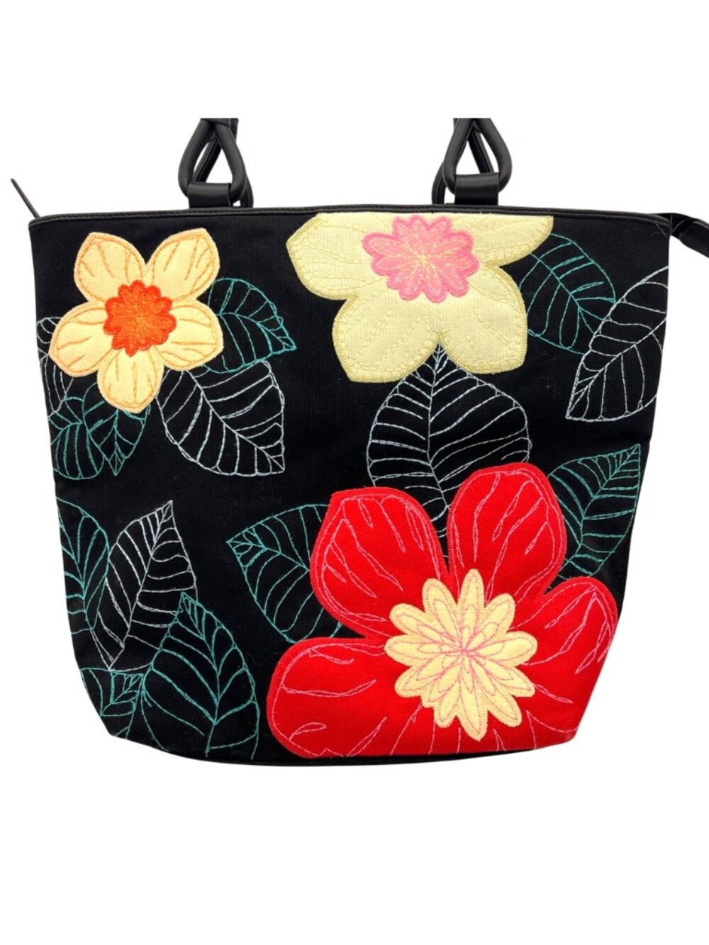 Talbots Floral Embroidered Black Tote Bag With Red & Yellow Flowers 11"x10"x5" - Picture 7 of 14